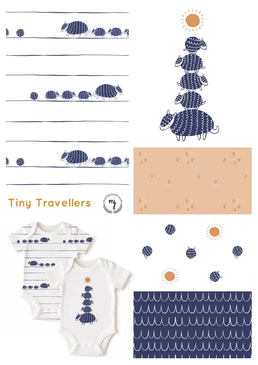 Mini Pattern collection showing adorable family of Armadillos walking in line, stacking and rolling around under the warm sun. It's ideal for baby and children clothing, stationery and homeware. Colours include navy, sunny yellow and white.
